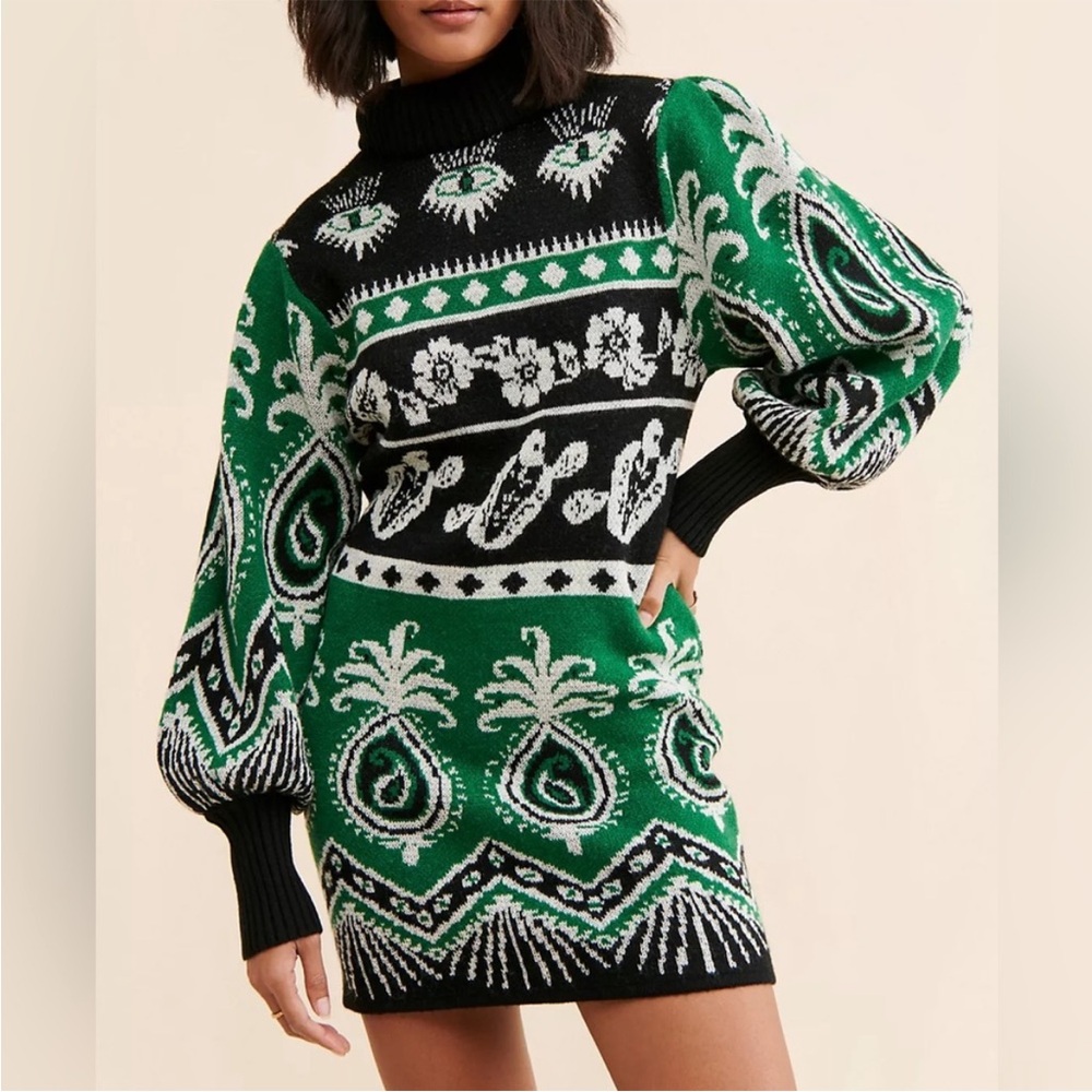 Farm Rio Green & Black Patterned Turtleneck Sweater Dress